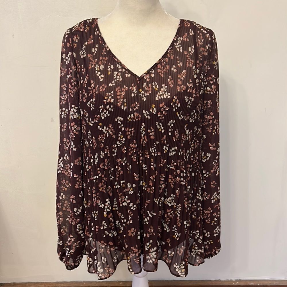 COPY - 41 Hawthorn deep burgundy sheer floral long sleeve blouse Size S NWOT